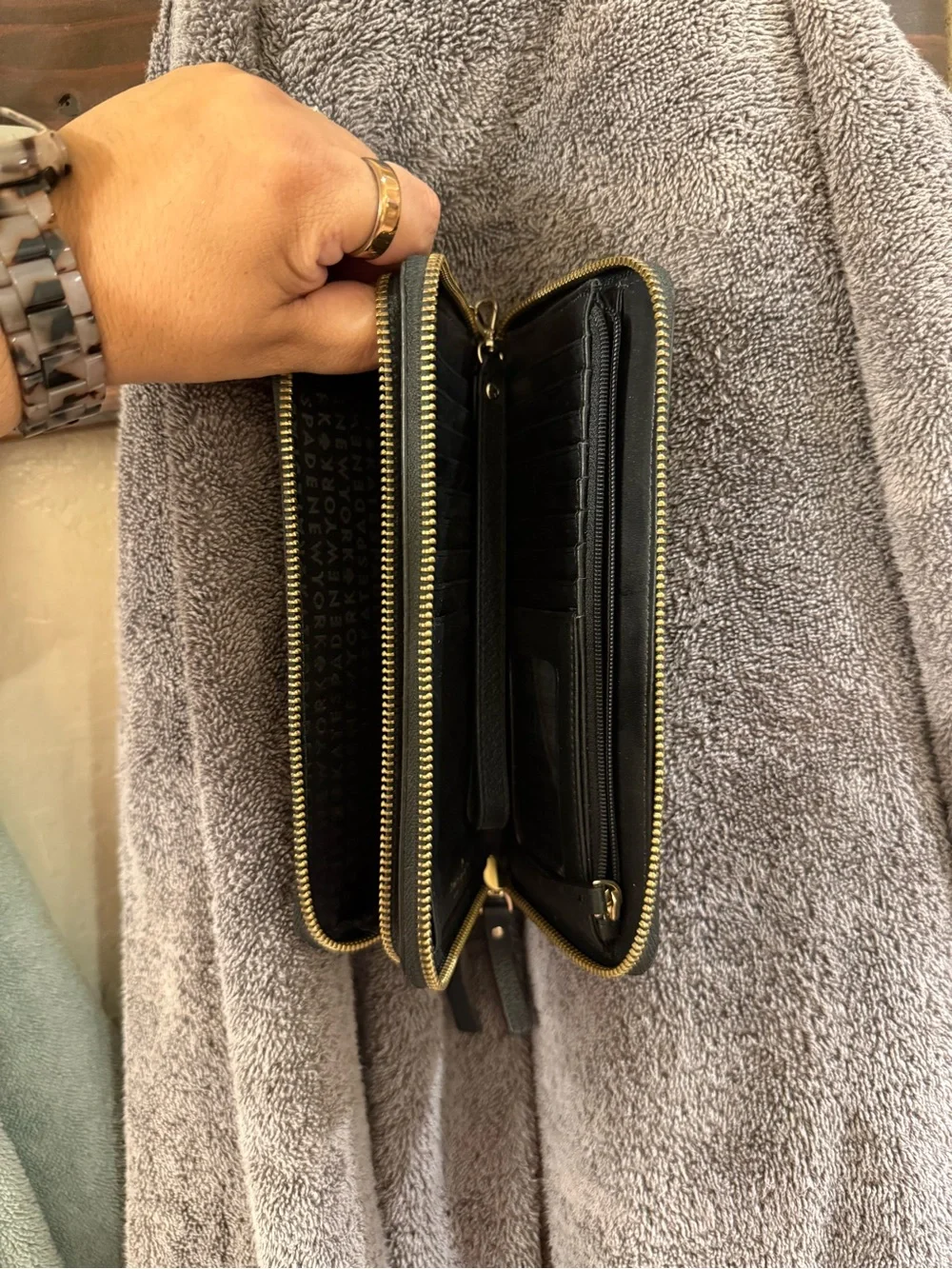 kate spade Black Pebbled Leather Wristlet Clutch with Gold Hardware